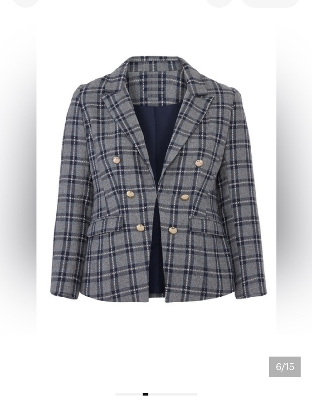 Draper James Navy and Gray Plaid Double-Breasted Blazer